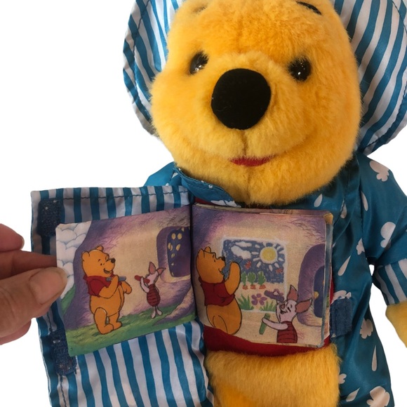 Vtg Winnie The Pooh Bear Read N Cuddle Toy Plush Blue Raincoat Colorful Day Book - Picture 5 of 14